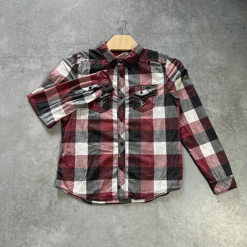 Rock Revival Shirt Men’s Large Red Plaid Long Sleeve Pockets Casual Embroidered